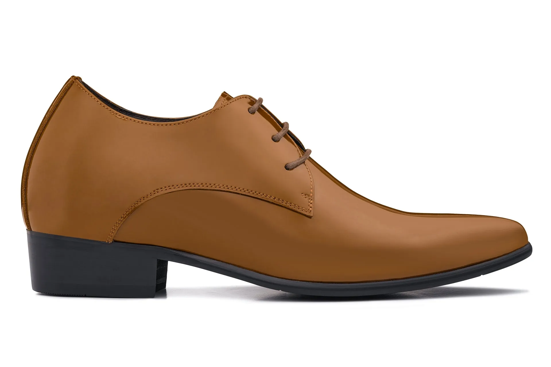 CALTO - K2728 - 2.8 Inches Taller (Light Brown) - Patent Leather Sharp Toe Dress Derbies - Lightweight