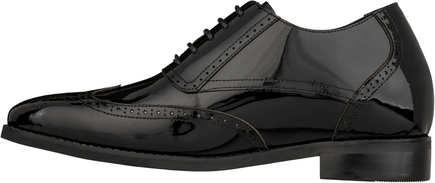 CALTO Men's Invisible Height Increasing Elevator Shoes - Black Patent Leather Lace-up Wing-tip Formal Oxfords - 3 Inches Taller - S1015 - Size 10 D(M) US
