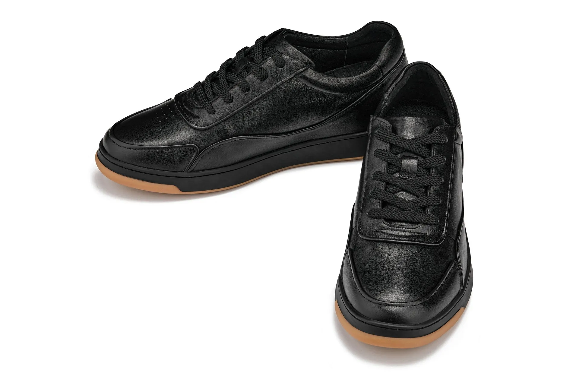 CALTO - Y7888 - 2.6 Inches Taller (Noir/Black & Gum Sole) - Elevated Leather Sneakers