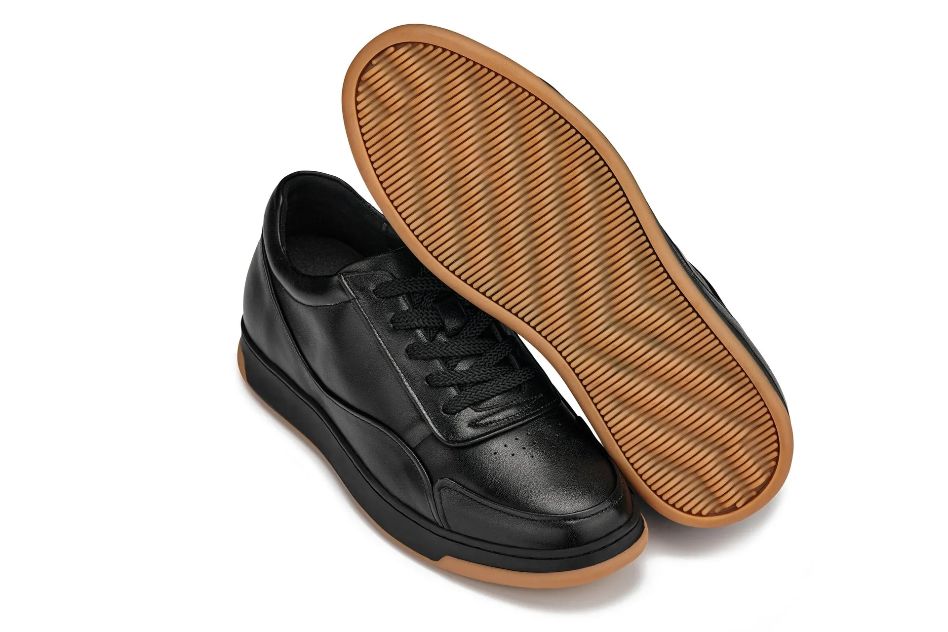 CALTO - Y7888 - 2.6 Inches Taller (Noir/Black & Gum Sole) - Elevated Leather Sneakers