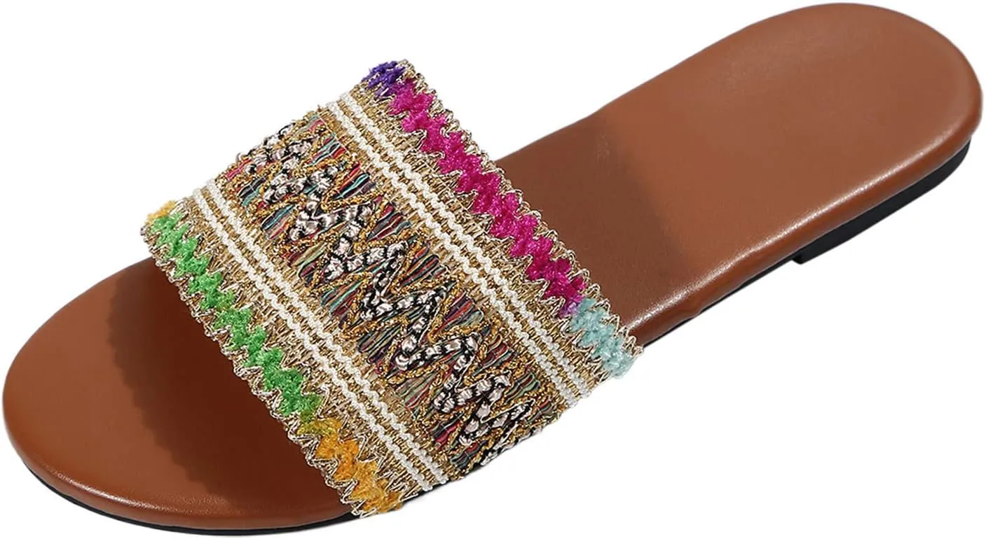 Casual Dress Women's Sandals 2025 Ladies Fashion Summer Ethnic Embroidered Open Toe Flat Bottom Casual Slippers