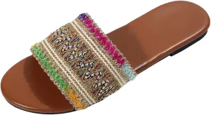 Casual Dress Women's Sandals 2025 Ladies Fashion Summer Ethnic Embroidered Open Toe Flat Bottom Casual Slippers