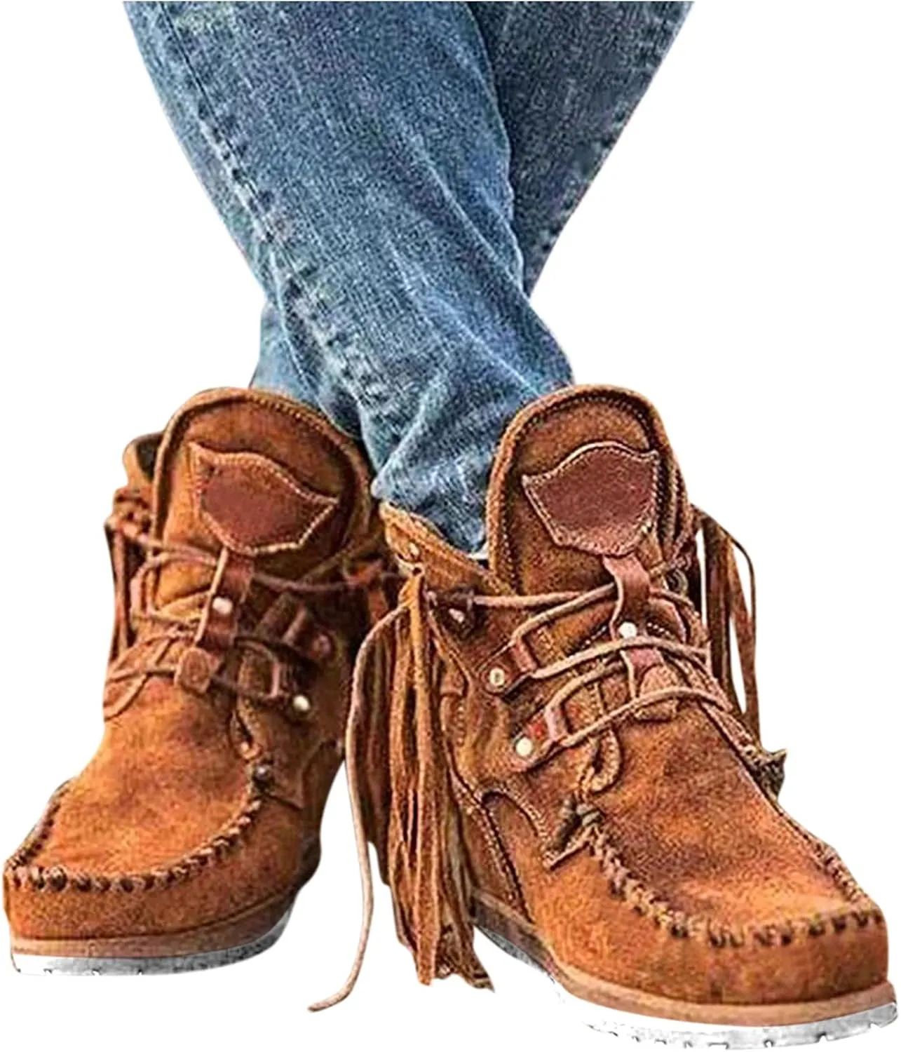Cathalem Ankle Booties for Women, Closed Toe Low Heel Combat Western Shoes Womens Retro Cowboy Boots Fringed Ankle Boots