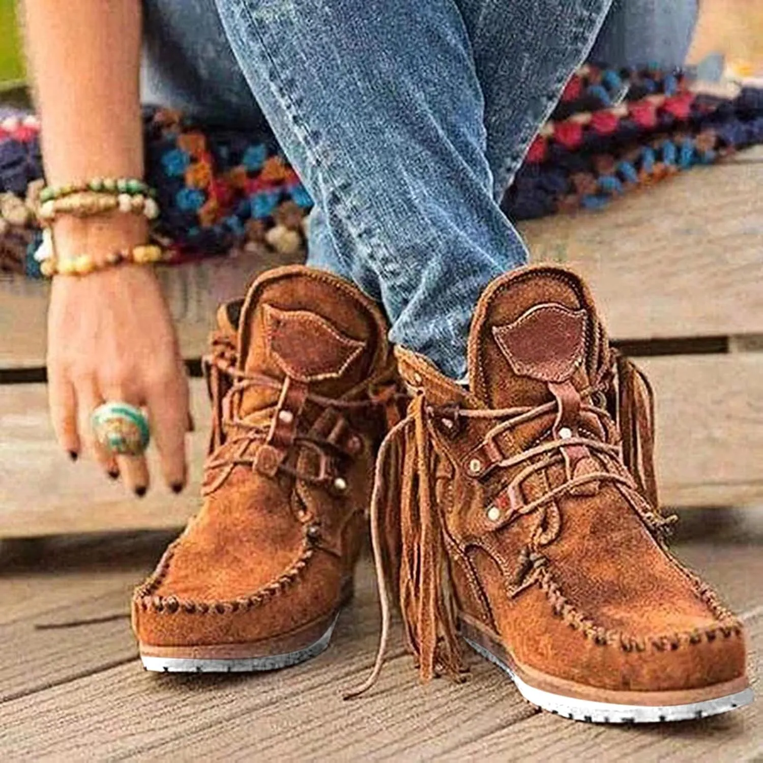Cathalem Ankle Booties for Women, Closed Toe Low Heel Combat Western Shoes Womens Retro Cowboy Boots Fringed Ankle Boots