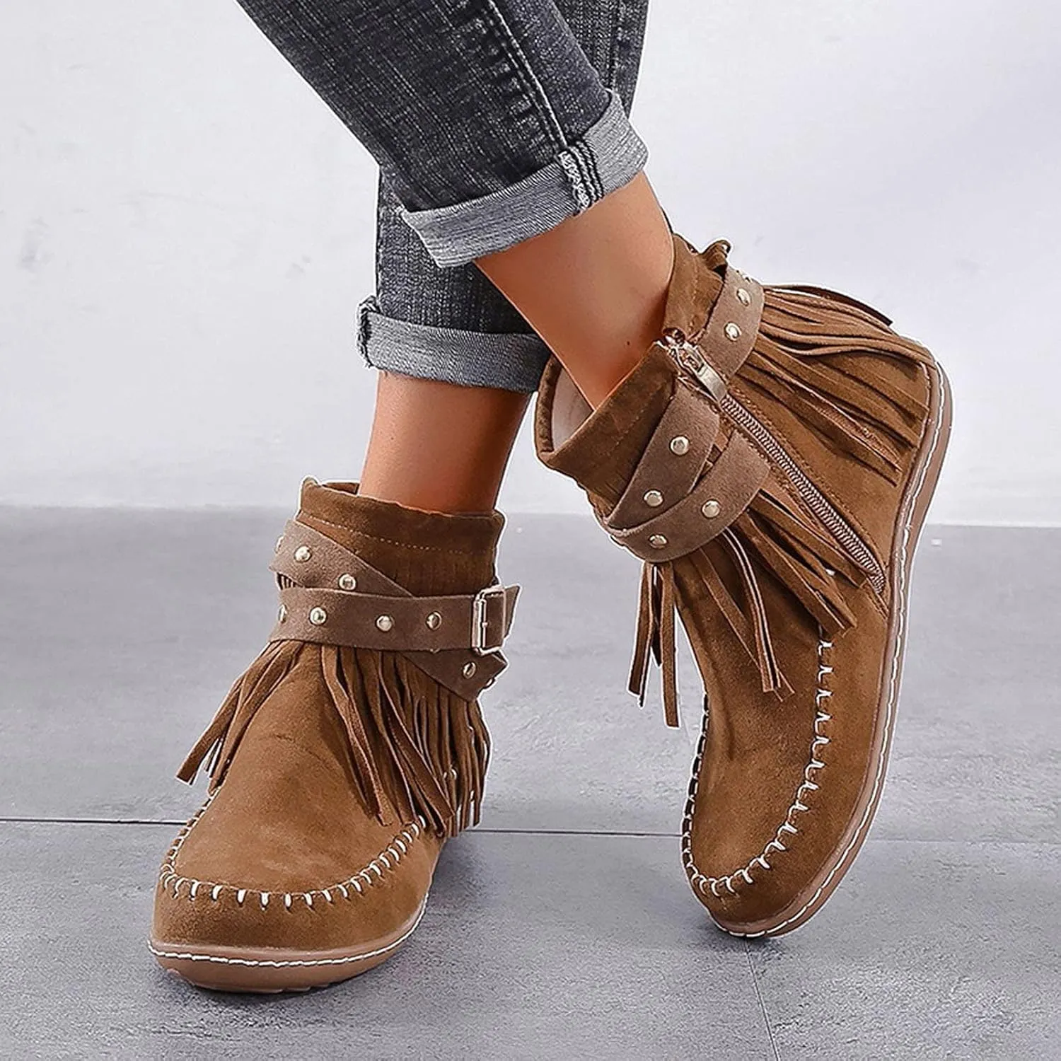 Cathalem Ankle Booties for Women Western Cowboy Boots Fringe Faux Suede Boots Retro Round Toe Fringe Buckle Strap Ankle Boot