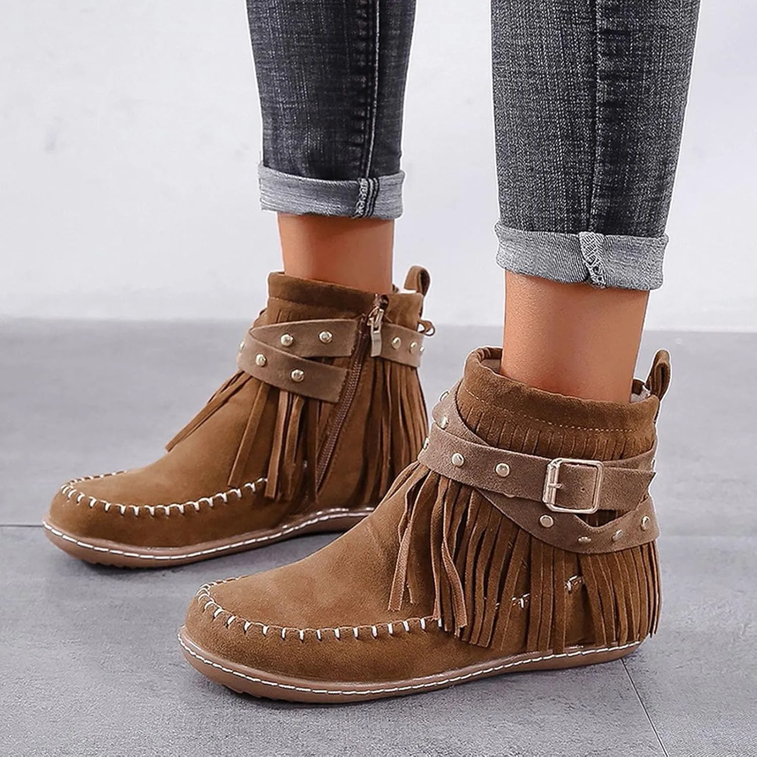 Cathalem Ankle Booties for Women Western Cowboy Boots Fringe Faux Suede Boots Retro Round Toe Fringe Buckle Strap Ankle Boot