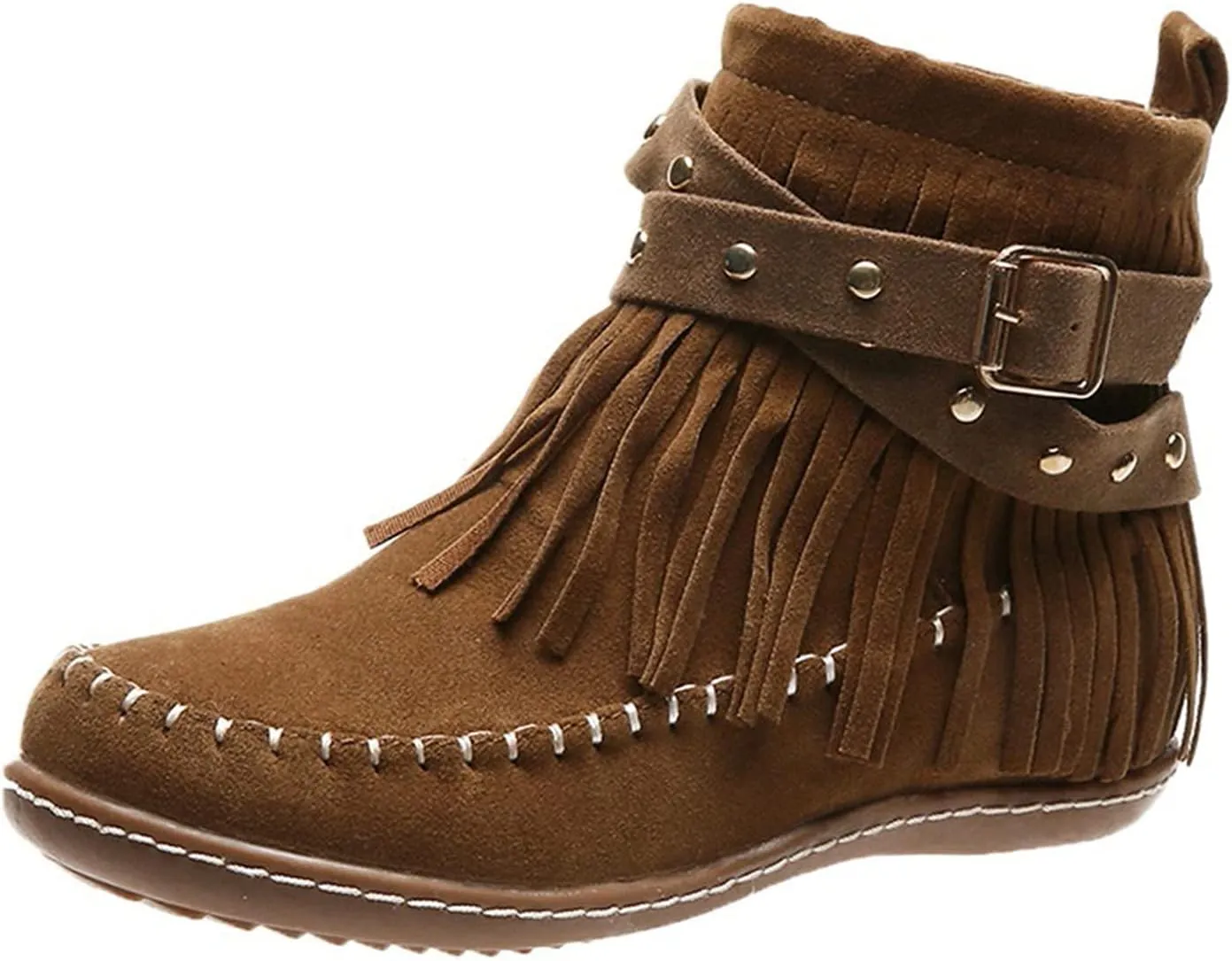 Cathalem Ankle Booties for Women Western Cowboy Boots Fringe Faux Suede Boots Retro Round Toe Fringe Buckle Strap Ankle Boot