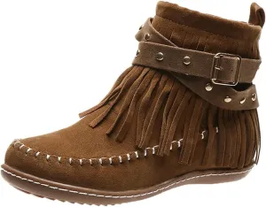 Cathalem Ankle Booties for Women Western Cowboy Boots Fringe Faux Suede Boots Retro Round Toe Fringe Buckle Strap Ankle Boot