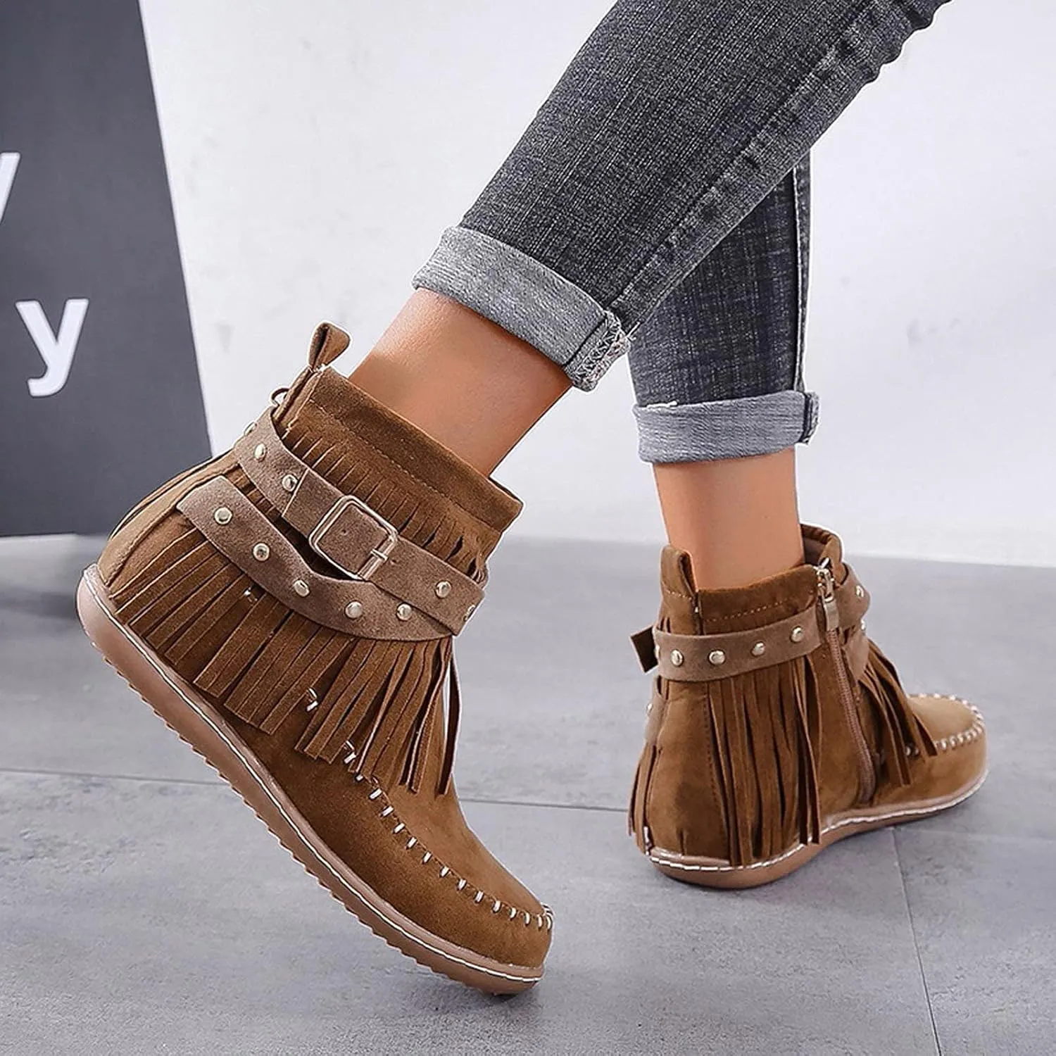Cathalem Ankle Booties for Women Western Cowboy Boots Fringe Faux Suede Boots Retro Round Toe Fringe Buckle Strap Ankle Boot