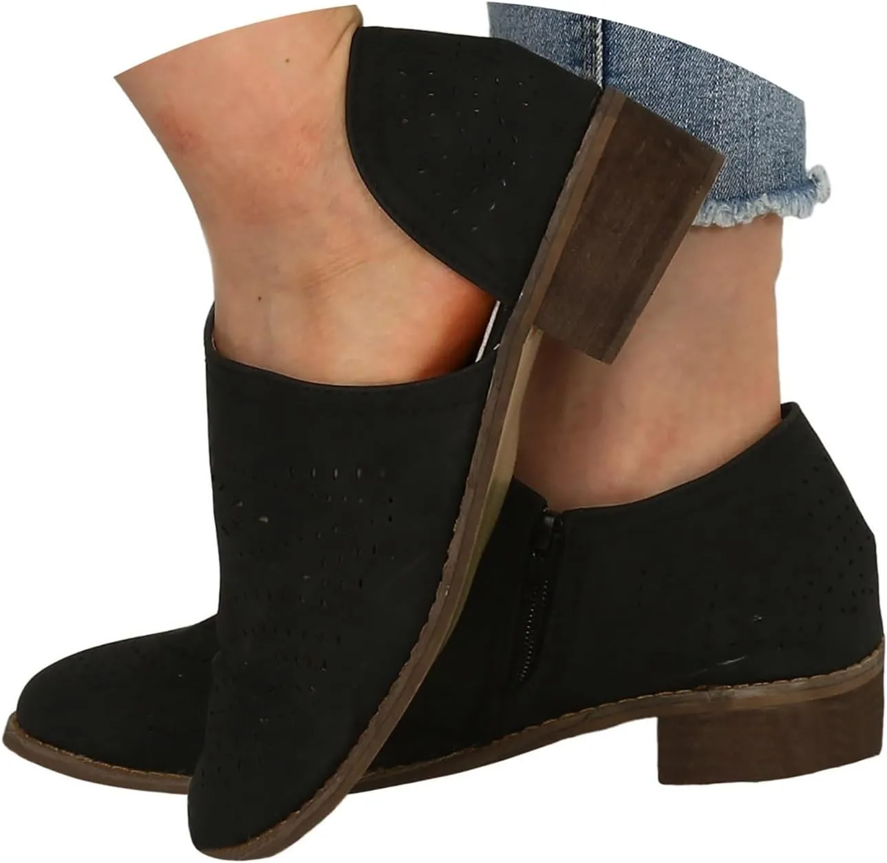 Cathalem Ankle Boots for Women 2024 New Cut Out Slip On Low Heel Short Chunky Stacked Heel Perforated V Cut Western Booties