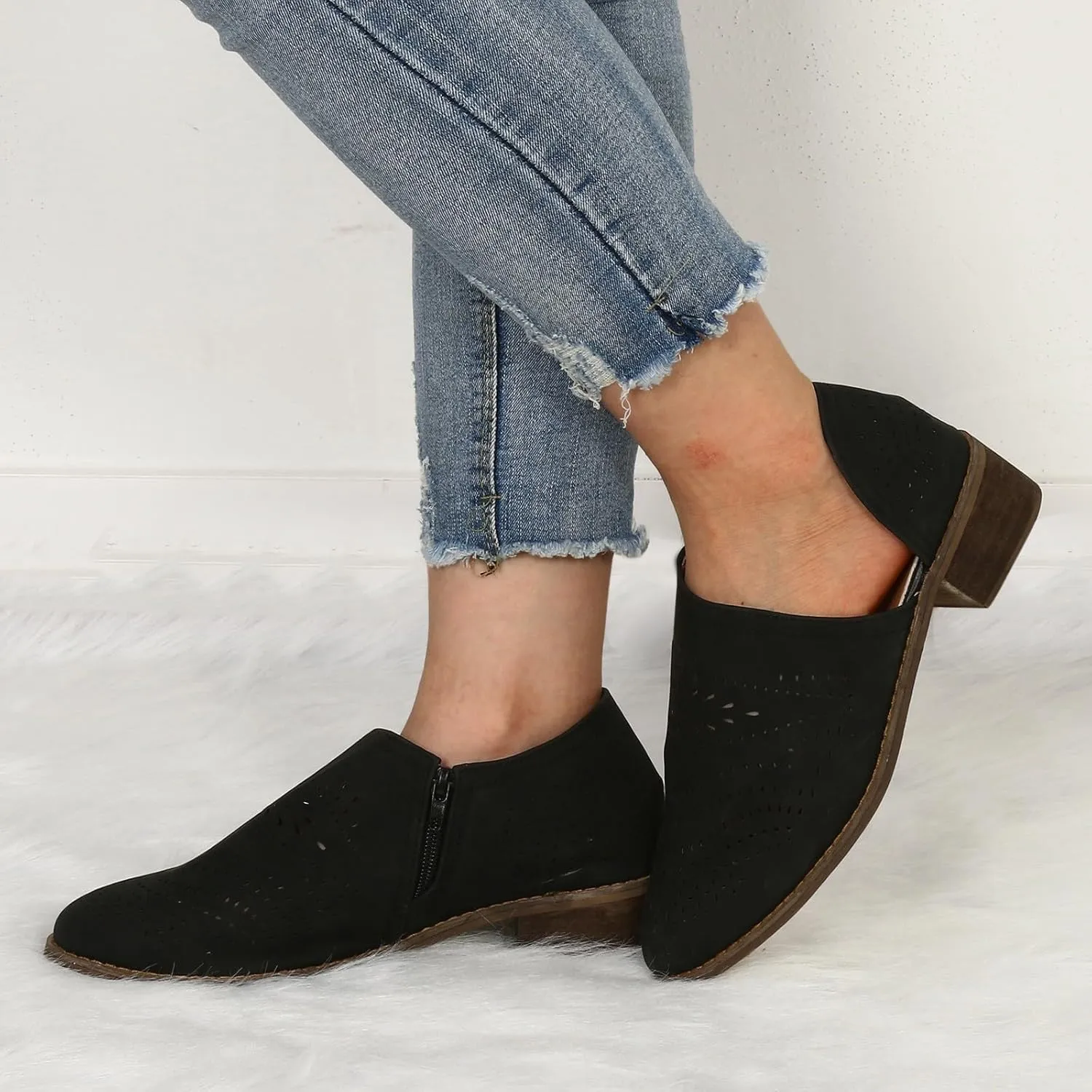 Cathalem Ankle Boots for Women 2024 New Cut Out Slip On Low Heel Short Chunky Stacked Heel Perforated V Cut Western Booties