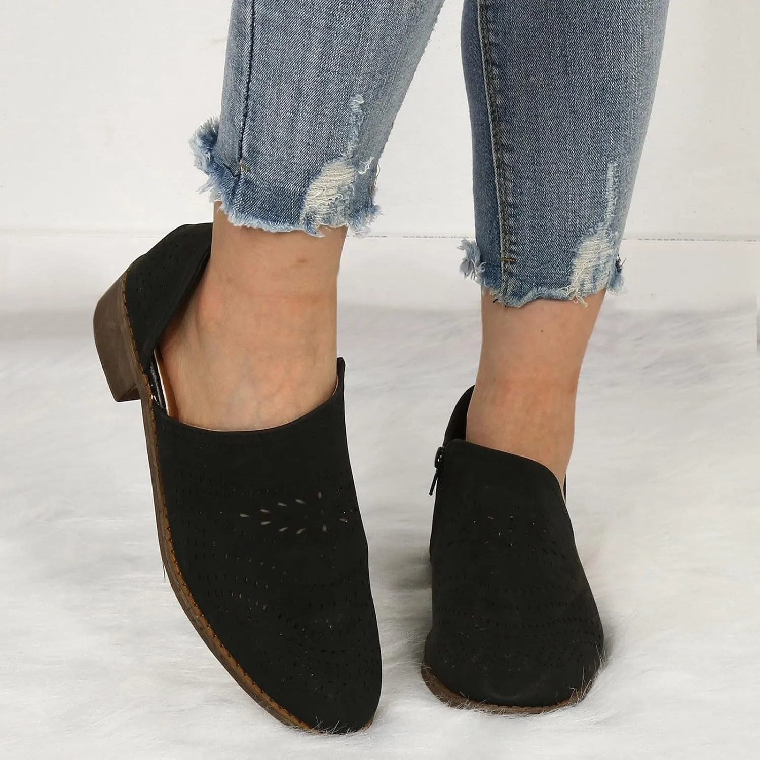 Cathalem Ankle Boots for Women 2024 New Cut Out Slip On Low Heel Short Chunky Stacked Heel Perforated V Cut Western Booties