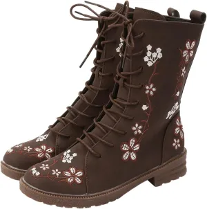 Cathalem Combat Boots For Women Ethnic Vintage Flower Design Lace Up Leather Chunky Block Mid Heels Ankle Booties