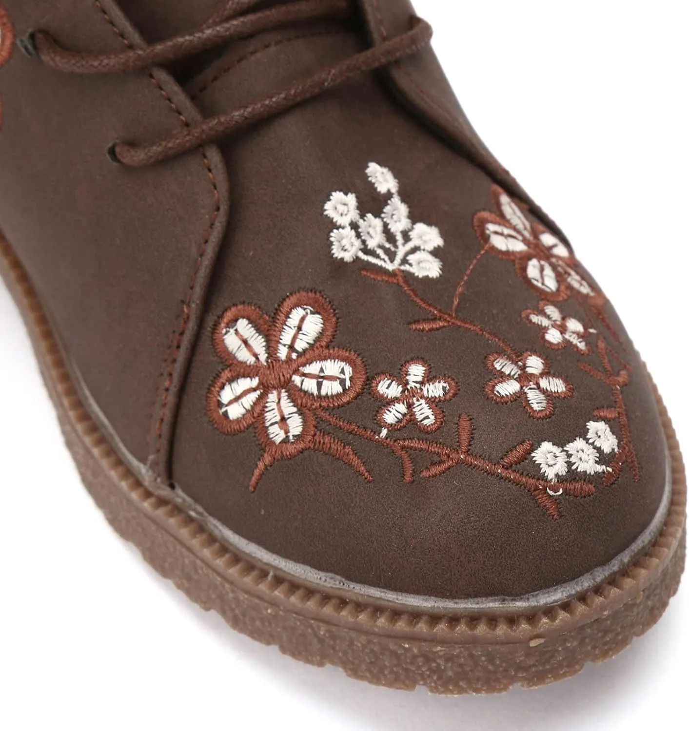 Cathalem Combat Boots For Women Ethnic Vintage Flower Design Lace Up Leather Chunky Block Mid Heels Ankle Booties