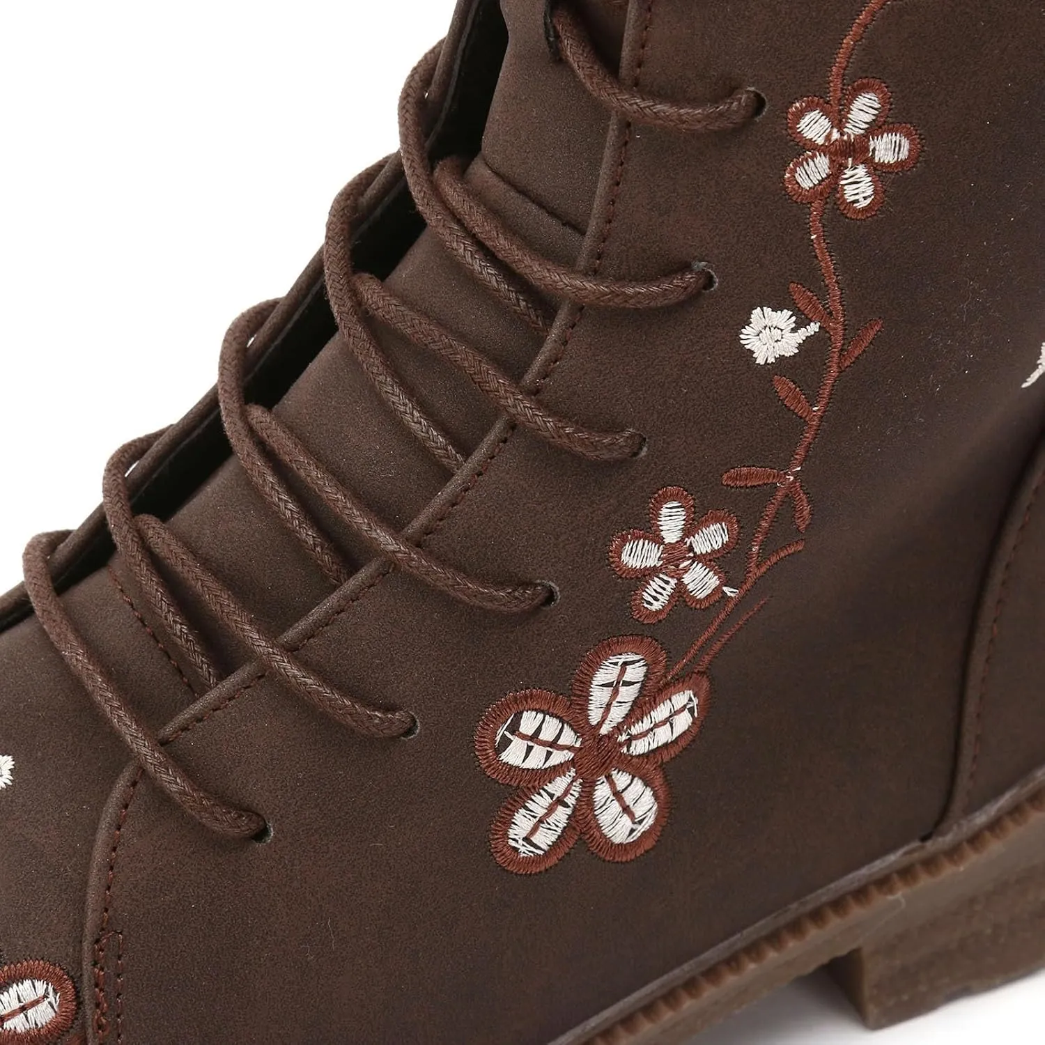 Cathalem Combat Boots For Women Ethnic Vintage Flower Design Lace Up Leather Chunky Block Mid Heels Ankle Booties