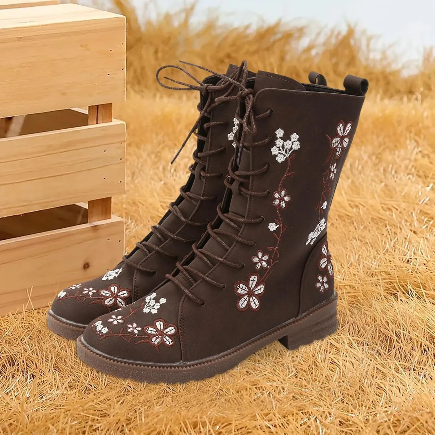 Cathalem Combat Boots For Women Ethnic Vintage Flower Design Lace Up Leather Chunky Block Mid Heels Ankle Booties