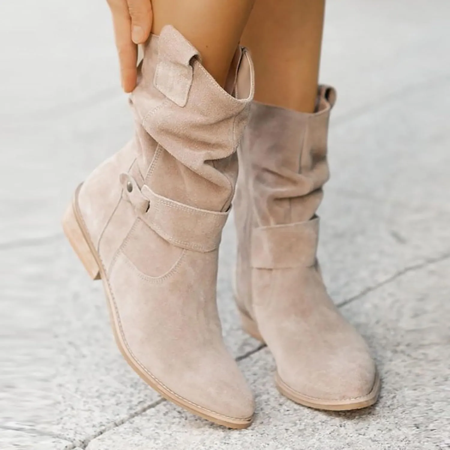 Cathalem Cowboy Boots for Women Flat Boots Wide Width Boots Mid Calf Slouchy Round Toe Suede Ankle Booties Winter Dressy Shoes