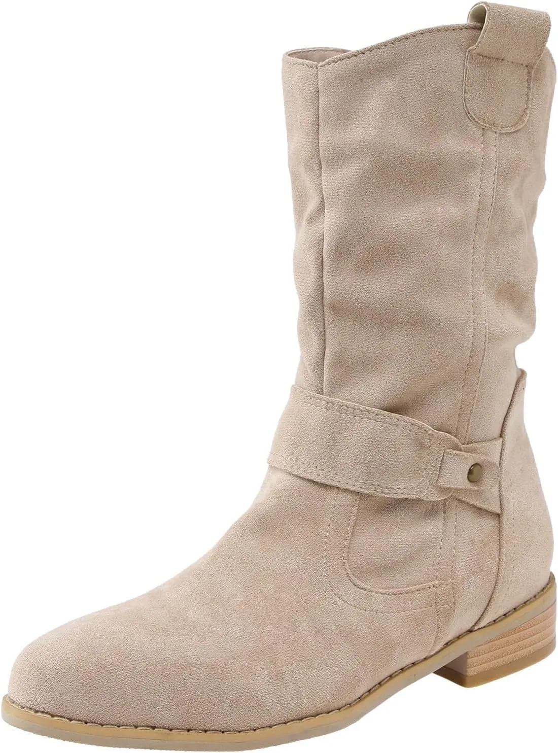 Cathalem Cowboy Boots for Women Flat Boots Wide Width Boots Mid Calf Slouchy Round Toe Suede Ankle Booties Winter Dressy Shoes