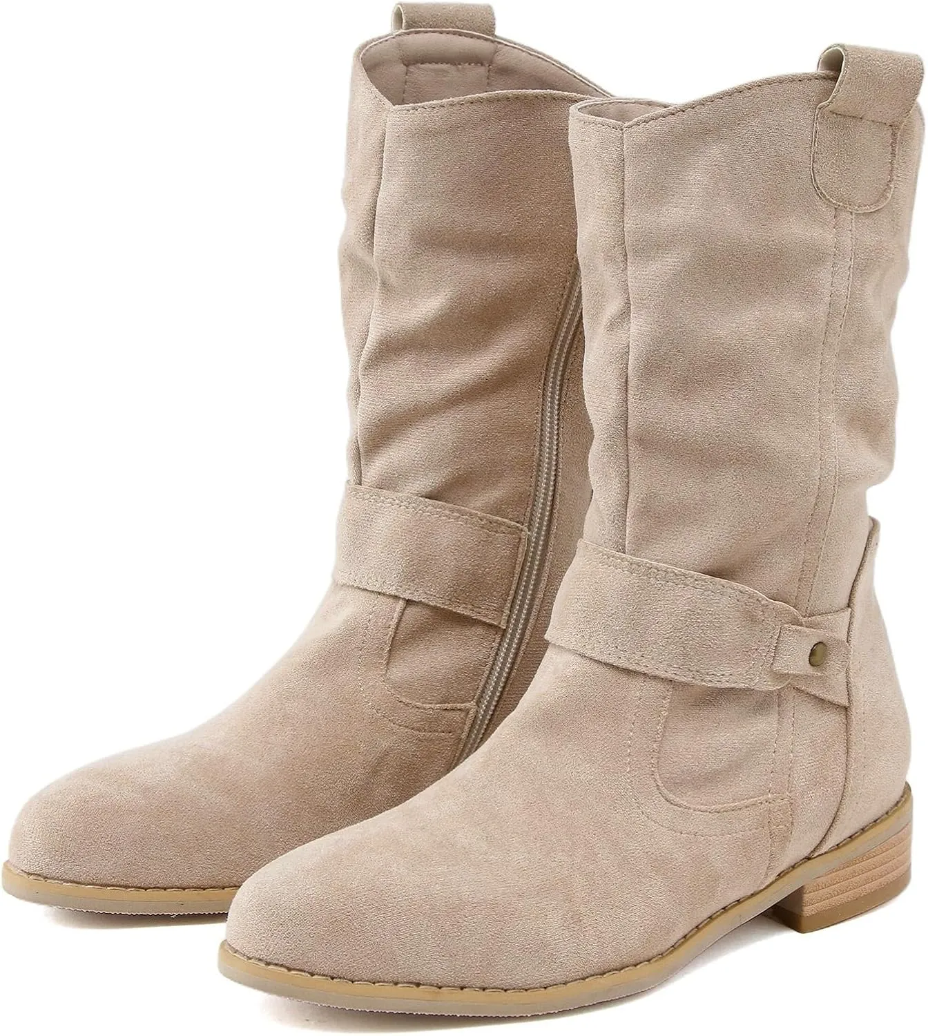 Cathalem Cowboy Boots for Women Flat Boots Wide Width Boots Mid Calf Slouchy Round Toe Suede Ankle Booties Winter Dressy Shoes