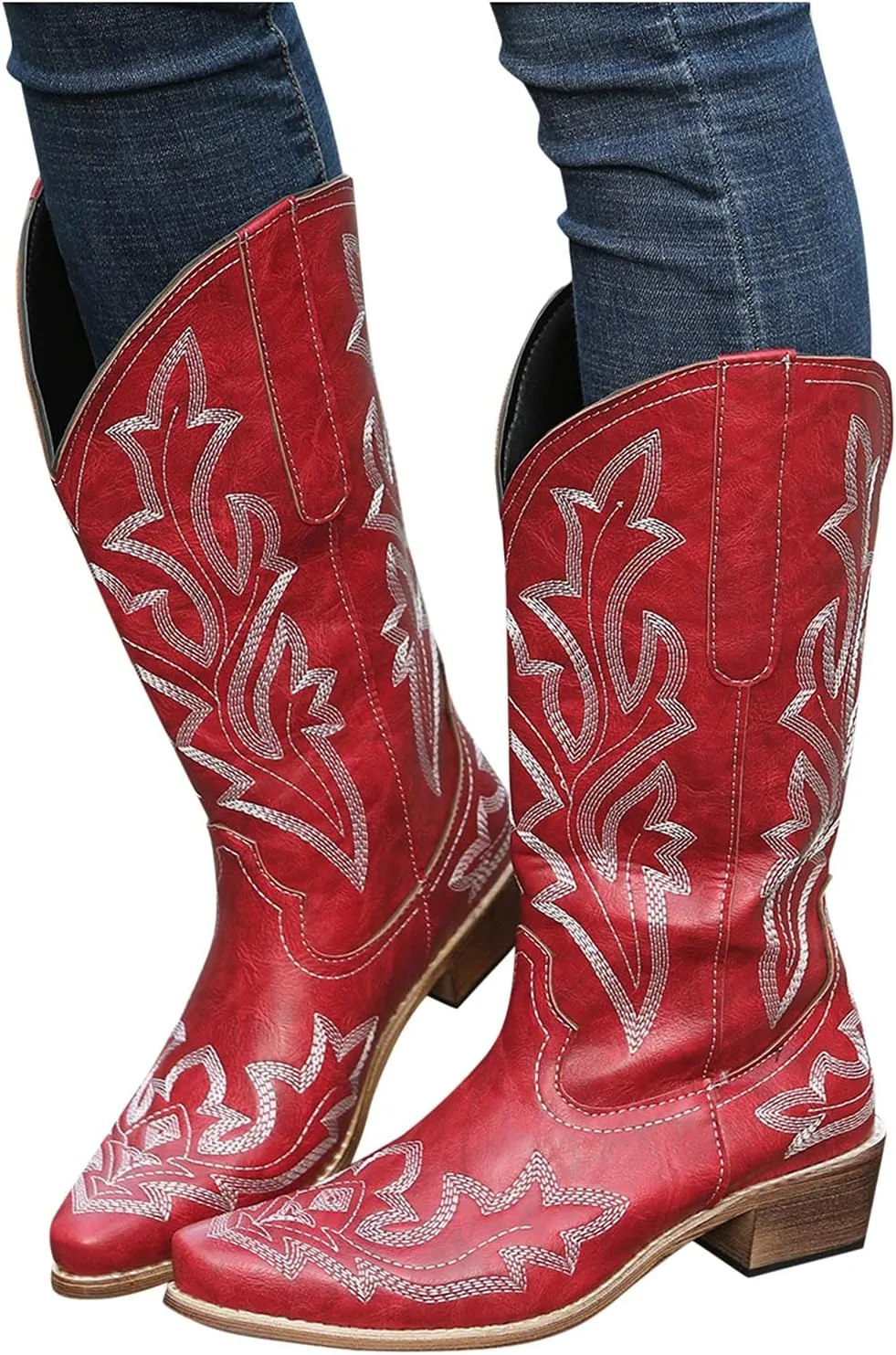 Cathalem Cowboy Boots for Women Mid Calf Cowgirl Boots Chunky Heel Square Toe Embroidery Stitched Western Boots