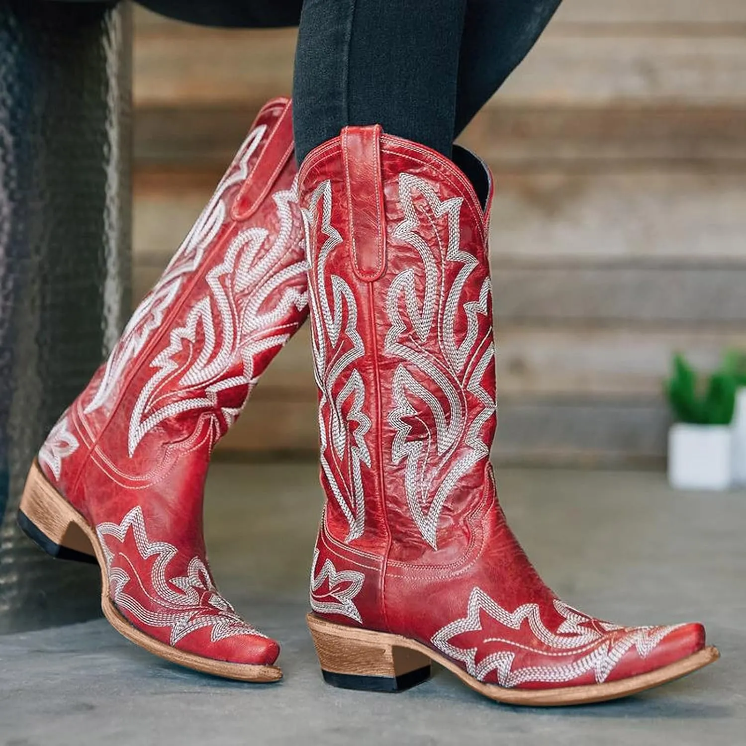 Cathalem Cowboy Boots for Women Mid Calf Cowgirl Boots Chunky Heel Square Toe Embroidery Stitched Western Boots