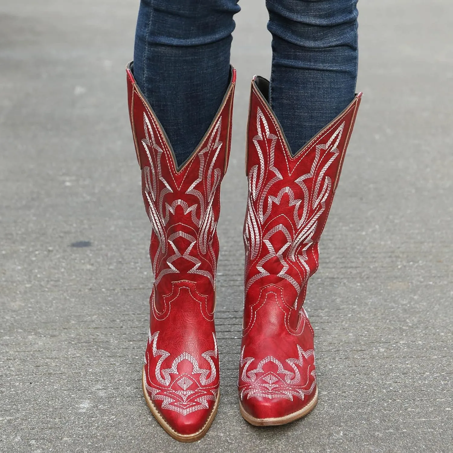 Cathalem Cowboy Boots for Women Mid Calf Cowgirl Boots Chunky Heel Square Toe Embroidery Stitched Western Boots