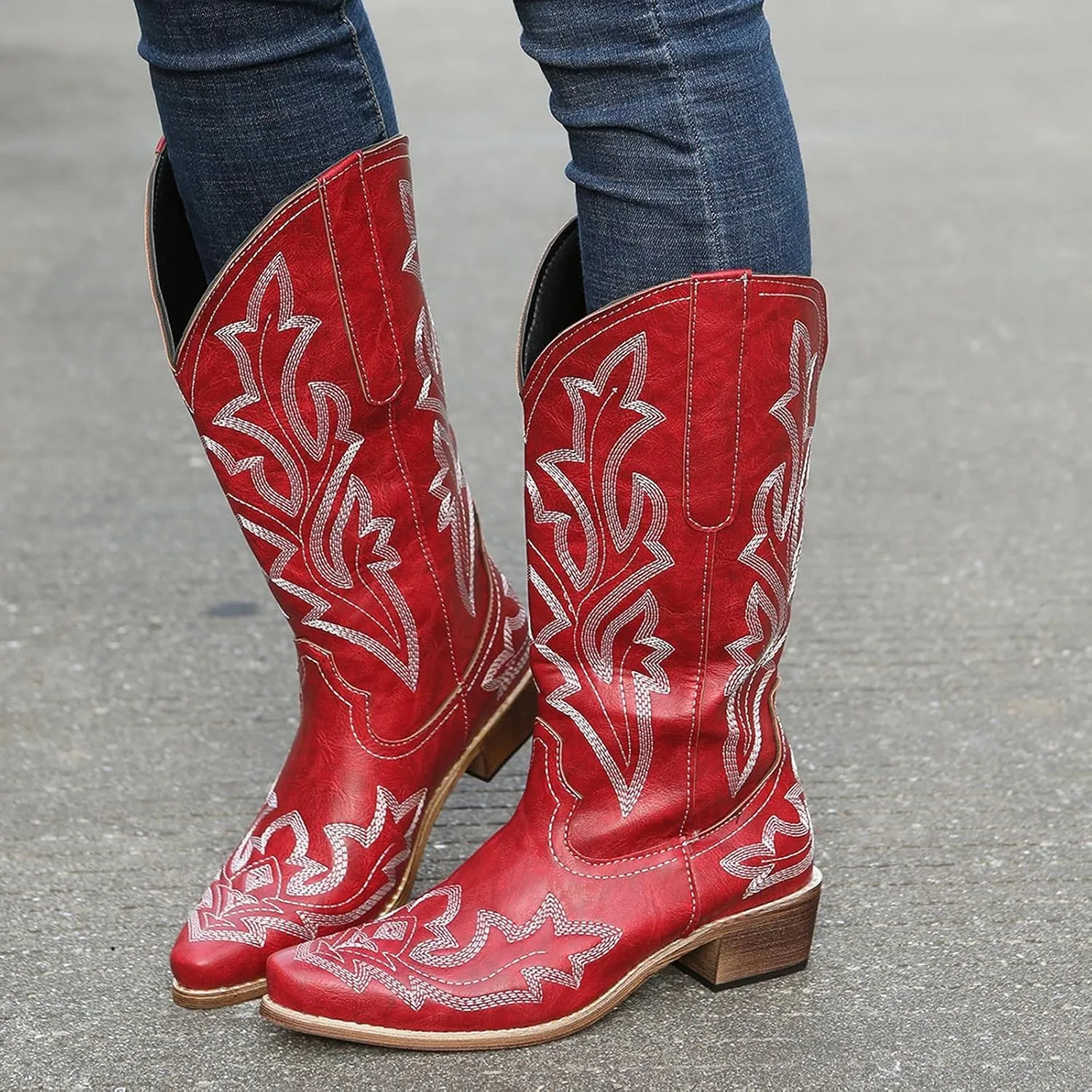 Cathalem Cowboy Boots for Women Mid Calf Cowgirl Boots Chunky Heel Square Toe Embroidery Stitched Western Boots