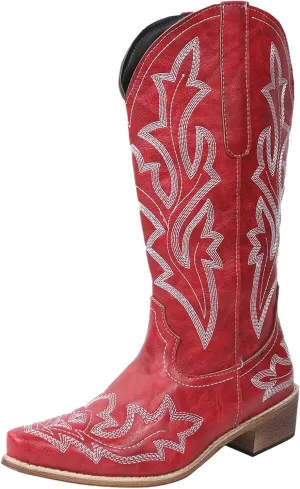Cathalem Cowboy Boots for Women Mid Calf Cowgirl Boots Chunky Heel Square Toe Embroidery Stitched Western Boots