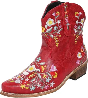 Cathalem Cowgirl Boots for Women Flower Embroidered Ankle Cowboy Boots Square Toe Boots Chunky Heel Short Western Boots