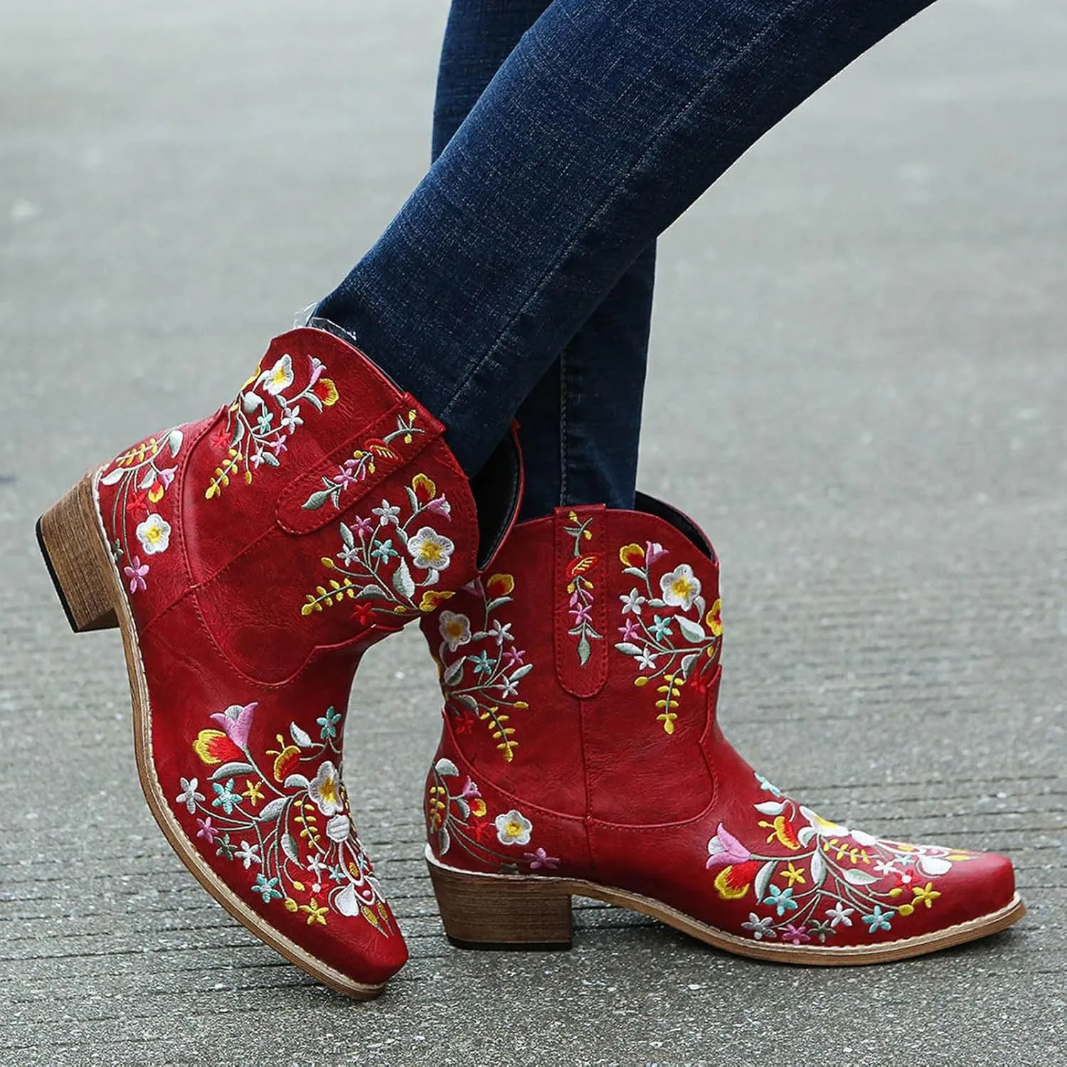 Cathalem Cowgirl Boots for Women Flower Embroidered Ankle Cowboy Boots Square Toe Boots Chunky Heel Short Western Boots