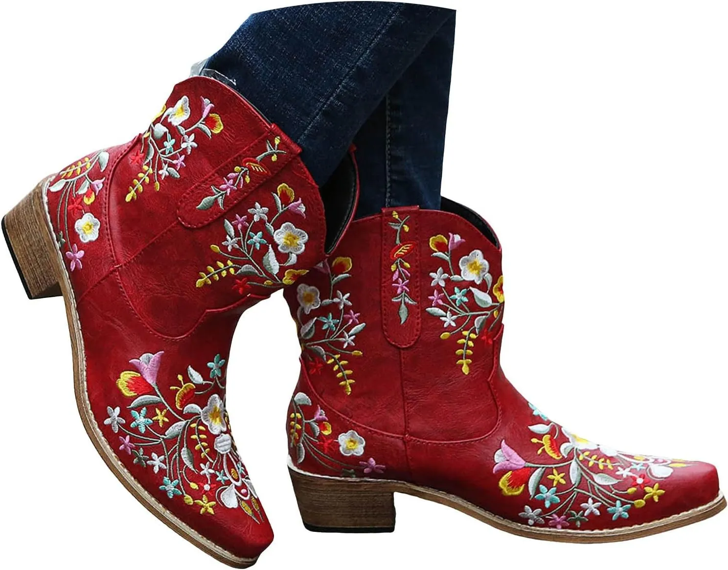 Cathalem Cowgirl Boots for Women Square Toe Western Boots Chunky Heel Short Boots Flower Embroidered Ankle Cowboy Boots
