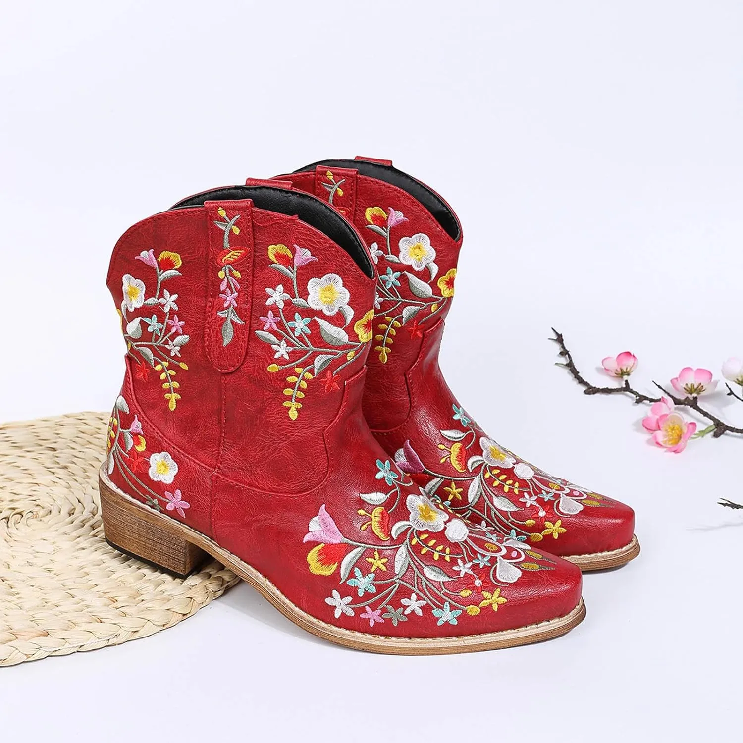 Cathalem Cowgirl Boots for Women Square Toe Western Boots Chunky Heel Short Boots Flower Embroidered Ankle Cowboy Boots