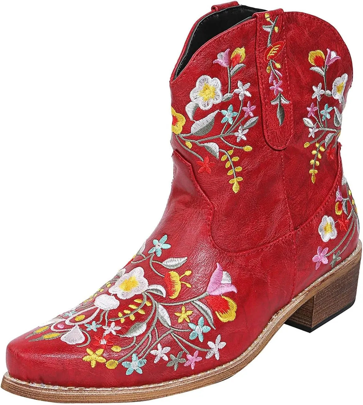 Cathalem Cowgirl Boots for Women Square Toe Western Boots Chunky Heel Short Boots Flower Embroidered Ankle Cowboy Boots