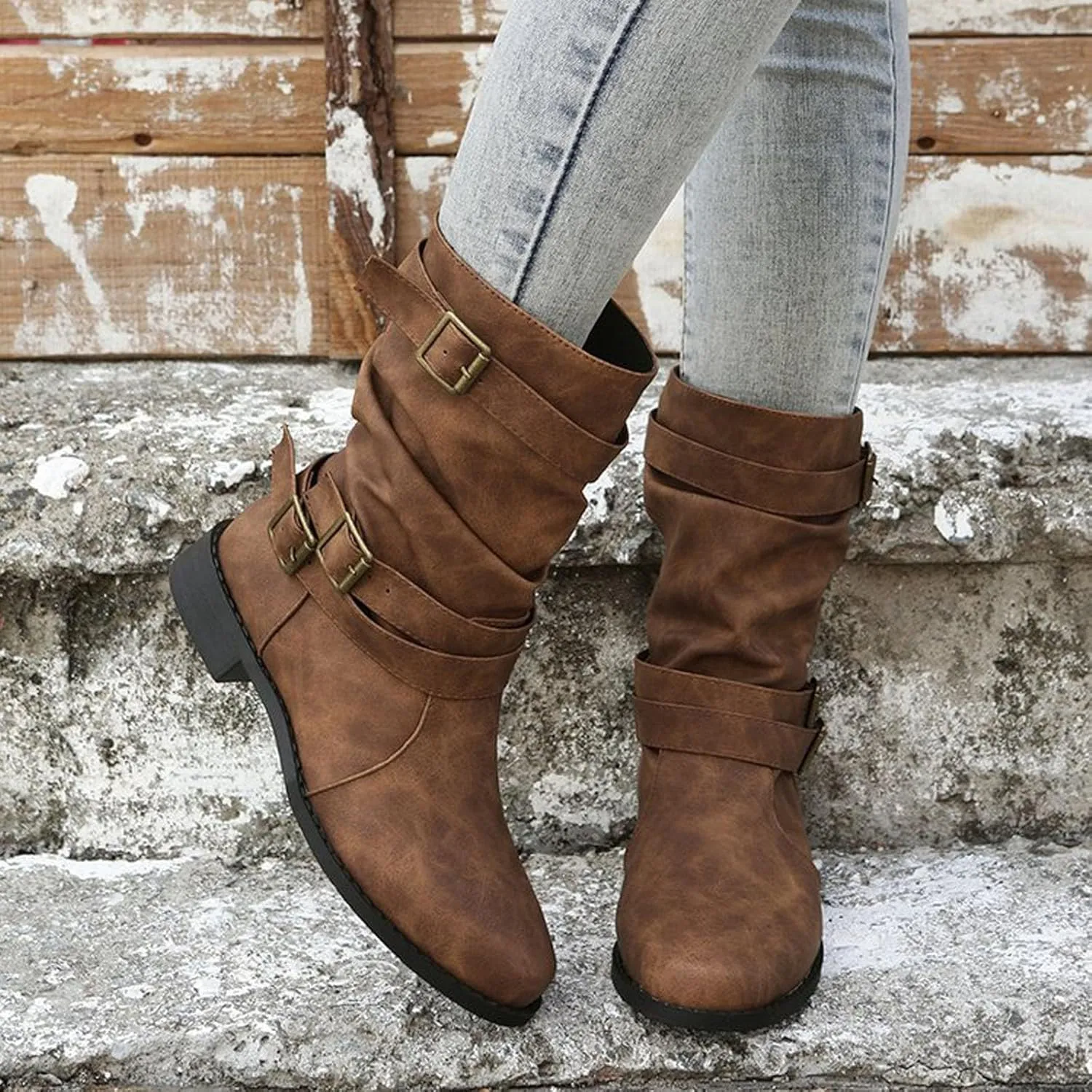 Cathalem Mid Calf Boots for Women Leather Winter Boots for Women Casual Suede Boots Round Toe Flat Boots Fall Boots