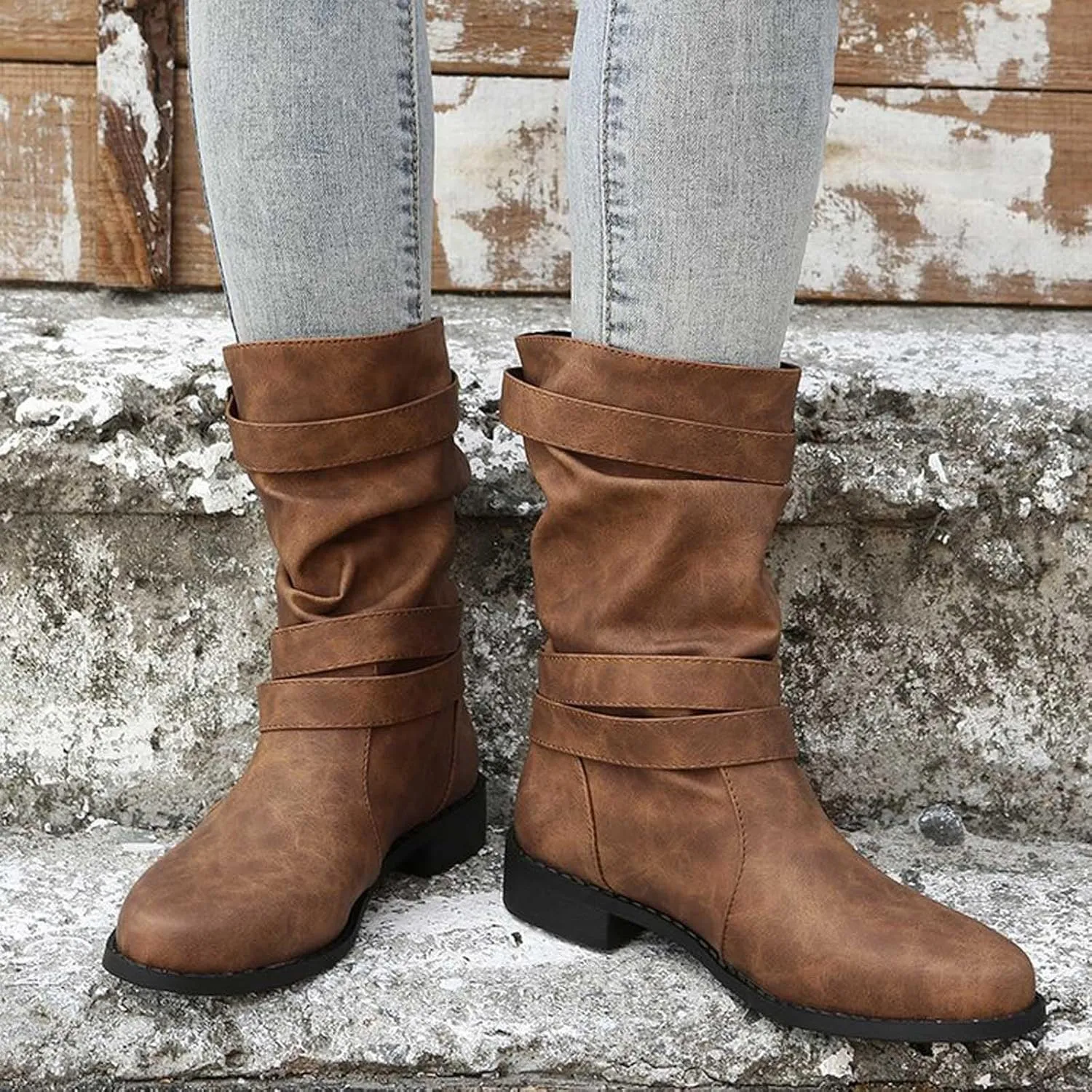 Cathalem Mid Calf Boots for Women Leather Winter Boots for Women Casual Suede Boots Round Toe Flat Boots Fall Boots