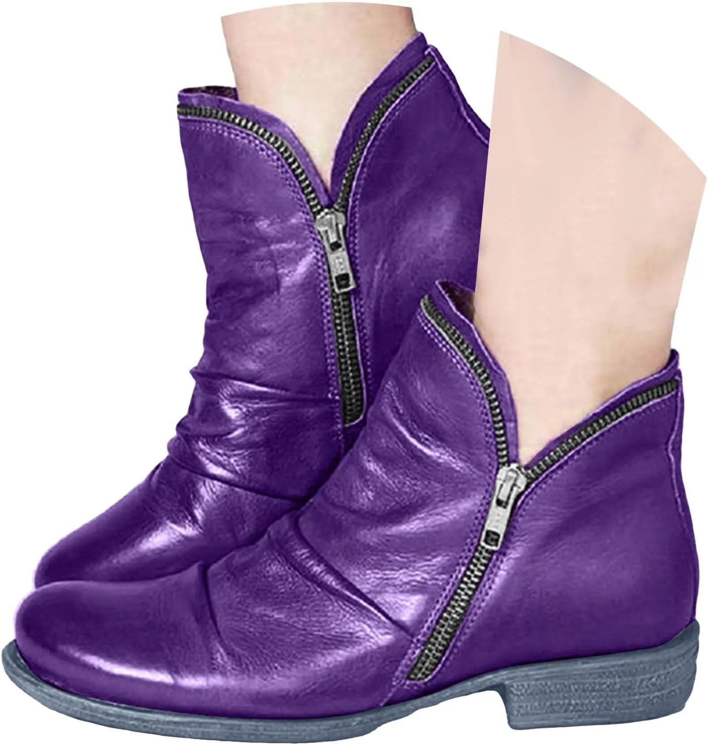 Cathalem Womens Ankle Boots Low Heel Flat Booties Chunky Stacked Pointed Toe Buckle Fall Western Dress Shoes