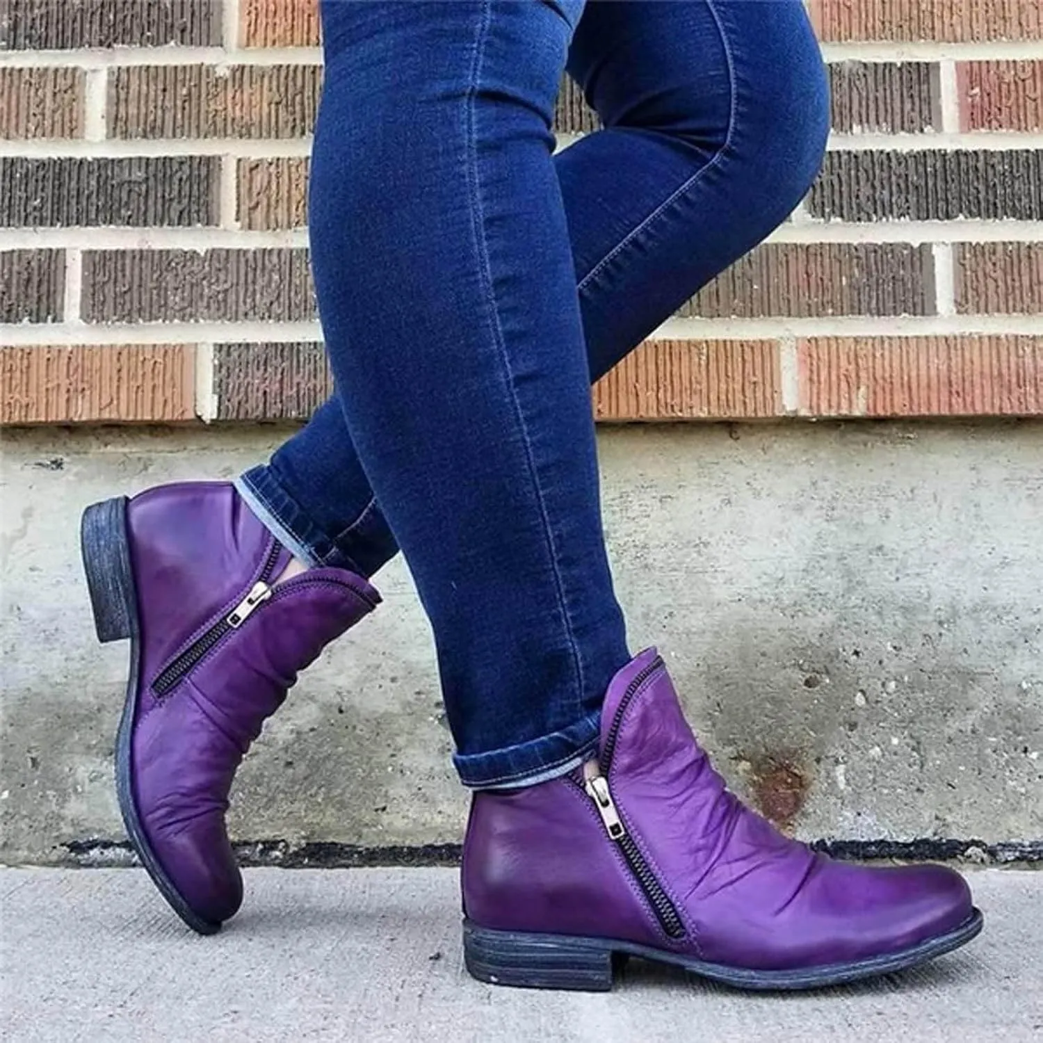 Cathalem Womens Ankle Boots Low Heel Flat Booties Chunky Stacked Pointed Toe Buckle Fall Western Dress Shoes