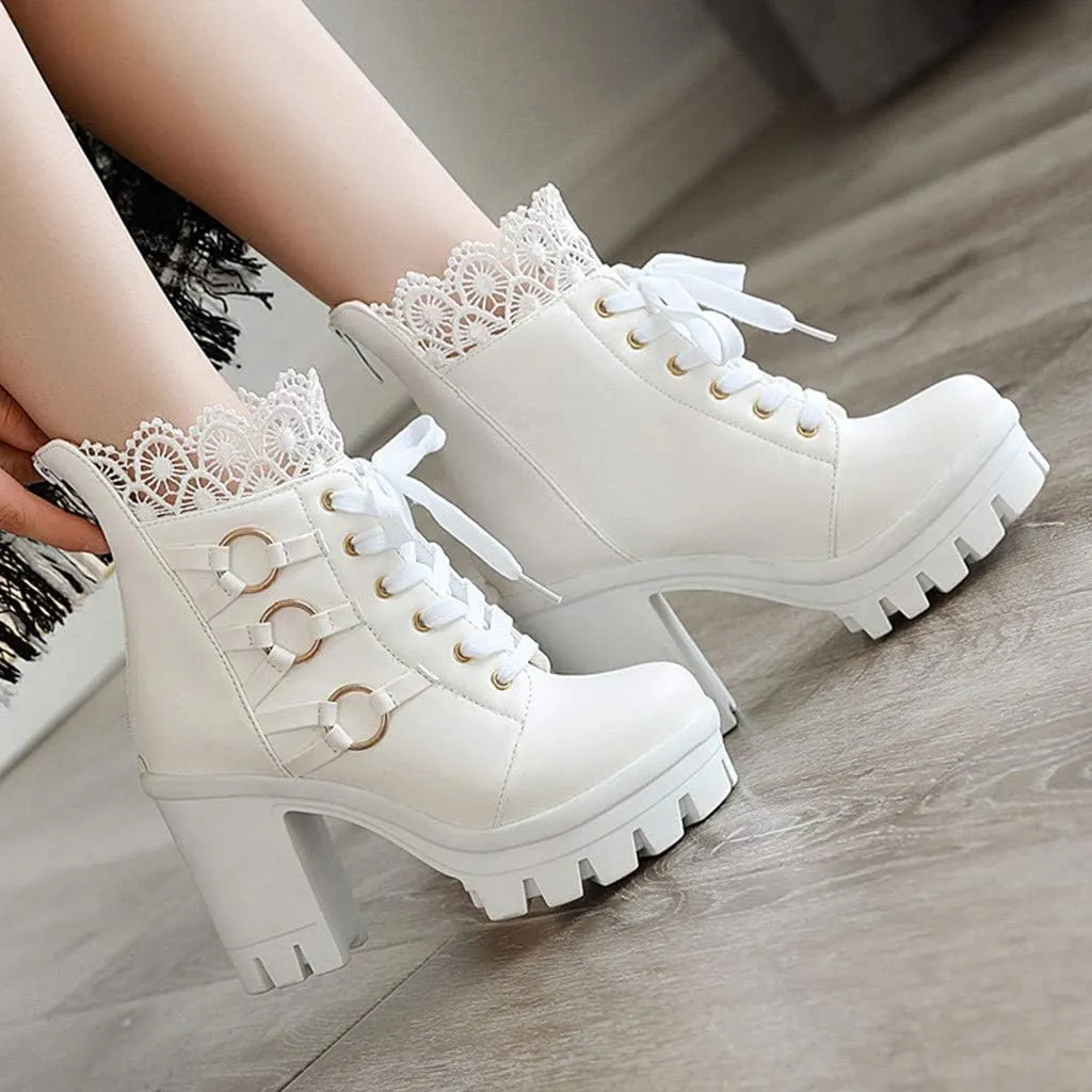 Cathalem Women's Ankle Boots Platform Combat Boots Chunky High Heels Ankle Boots Lace Buckle Gothic Booties Zipper Punk Shoes
