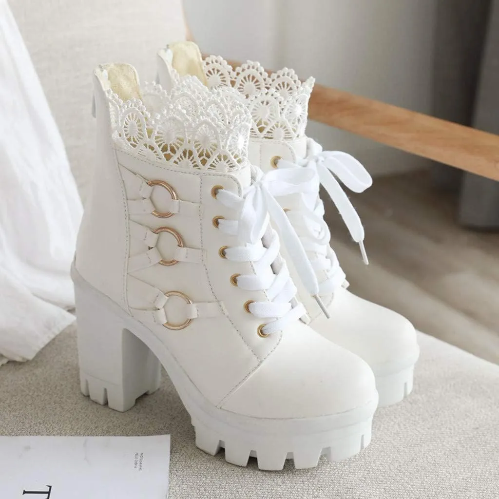 Cathalem Women's Ankle Boots Platform Combat Boots Chunky High Heels Ankle Boots Lace Buckle Gothic Booties Zipper Punk Shoes