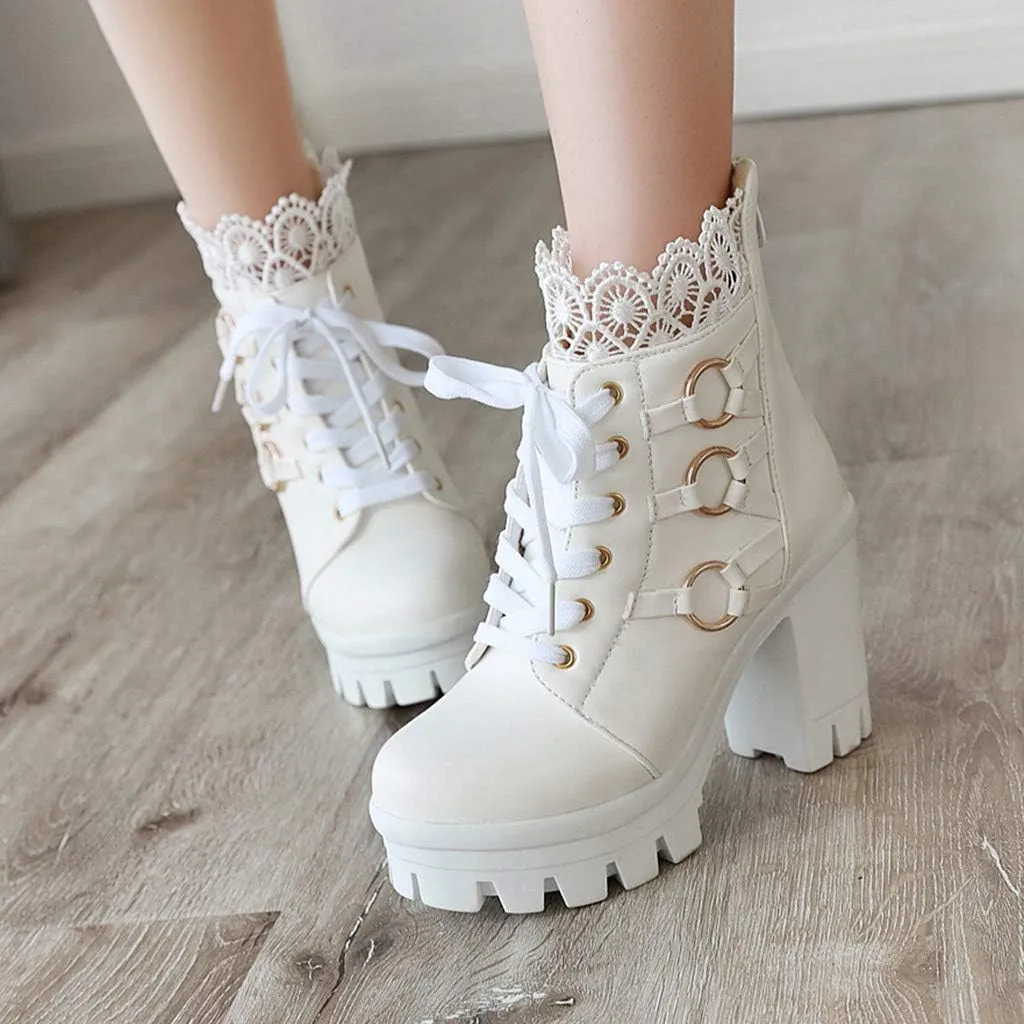 Cathalem Women's Ankle Boots Platform Combat Boots Chunky High Heels Ankle Boots Lace Buckle Gothic Booties Zipper Punk Shoes