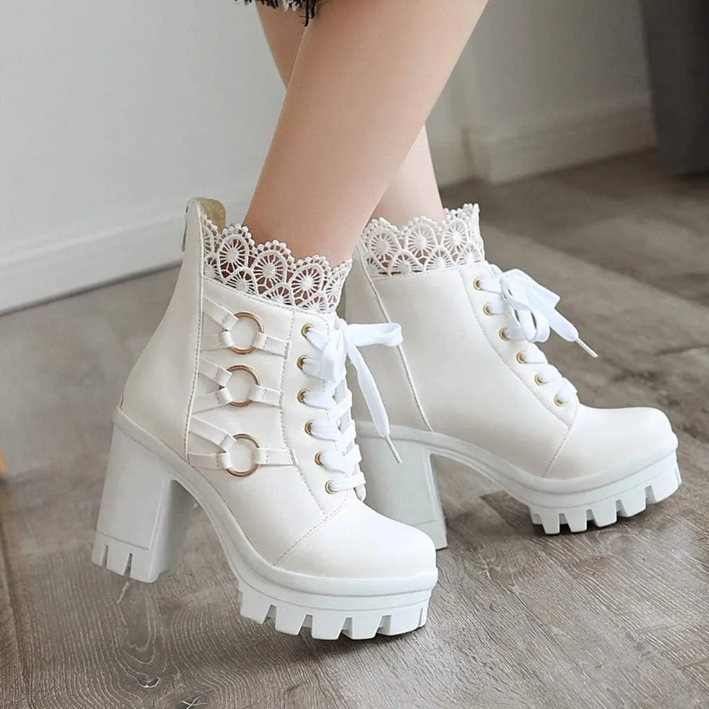 Cathalem Women's Ankle Boots Platform Combat Boots Chunky High Heels Ankle Boots Lace Buckle Gothic Booties Zipper Punk Shoes