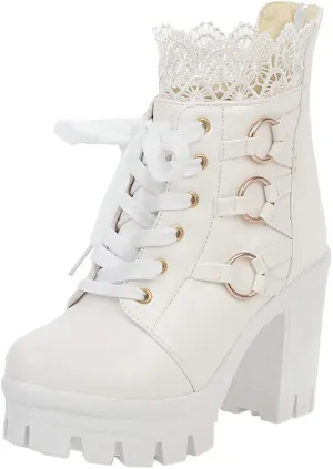 Cathalem Women's Ankle Boots Platform Combat Boots Chunky High Heels Ankle Boots Lace Buckle Gothic Booties Zipper Punk Shoes
