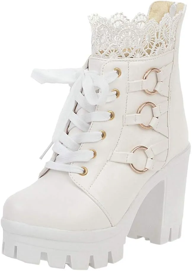 Cathalem Women's Ankle Boots Platform Combat Boots Chunky High Heels Ankle Boots Lace Buckle Gothic Booties Zipper Punk Shoes