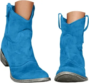 Cathalem Women's Western Cowboy Ankle Boots Low Heel Mid Calf Cowgirl Boots Slip On Round Toe Chunky Heel Retro Classic Boots