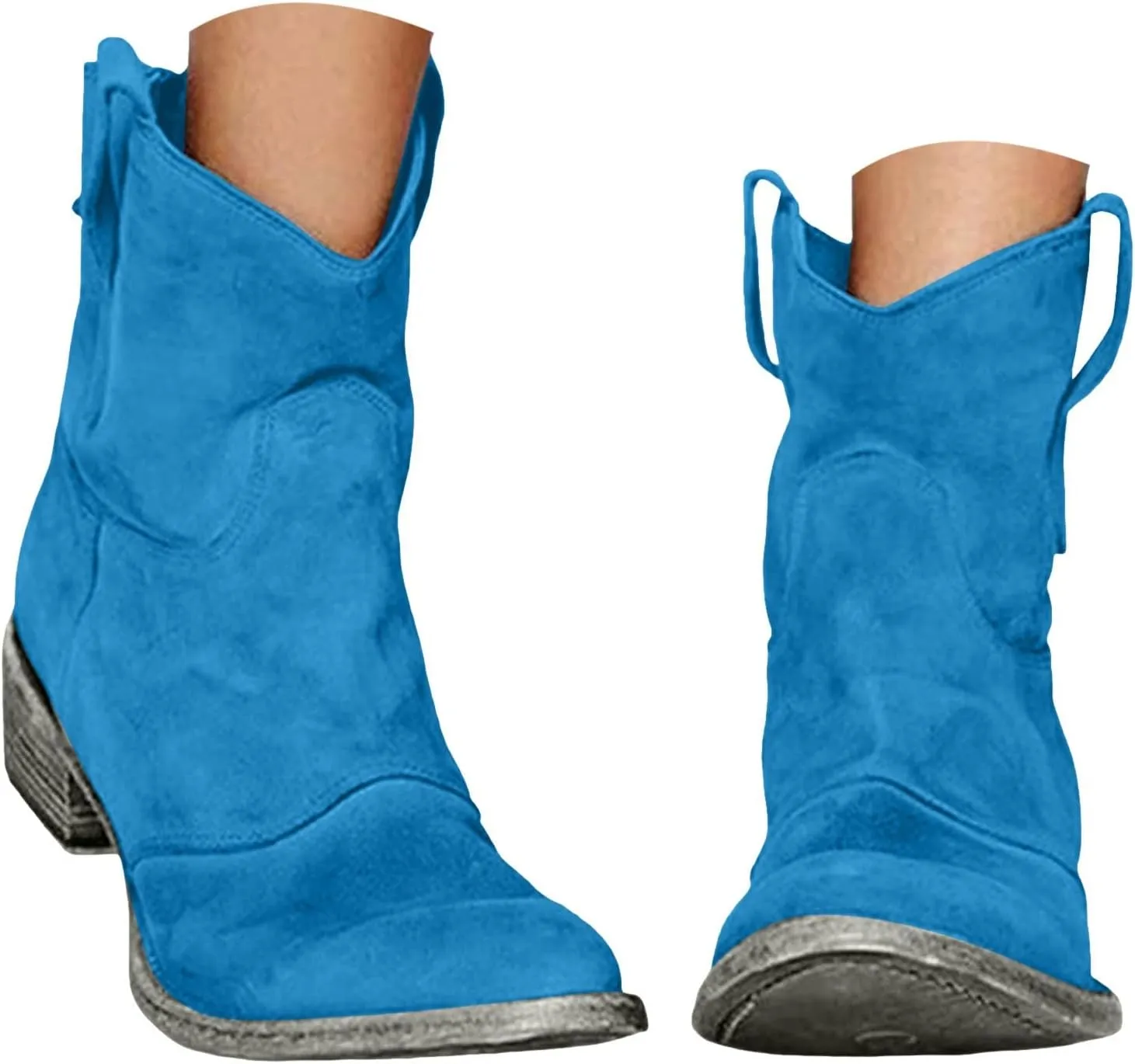 Cathalem Women's Western Cowboy Ankle Boots Low Heel Mid Calf Cowgirl Boots Slip On Round Toe Chunky Heel Retro Classic Boots