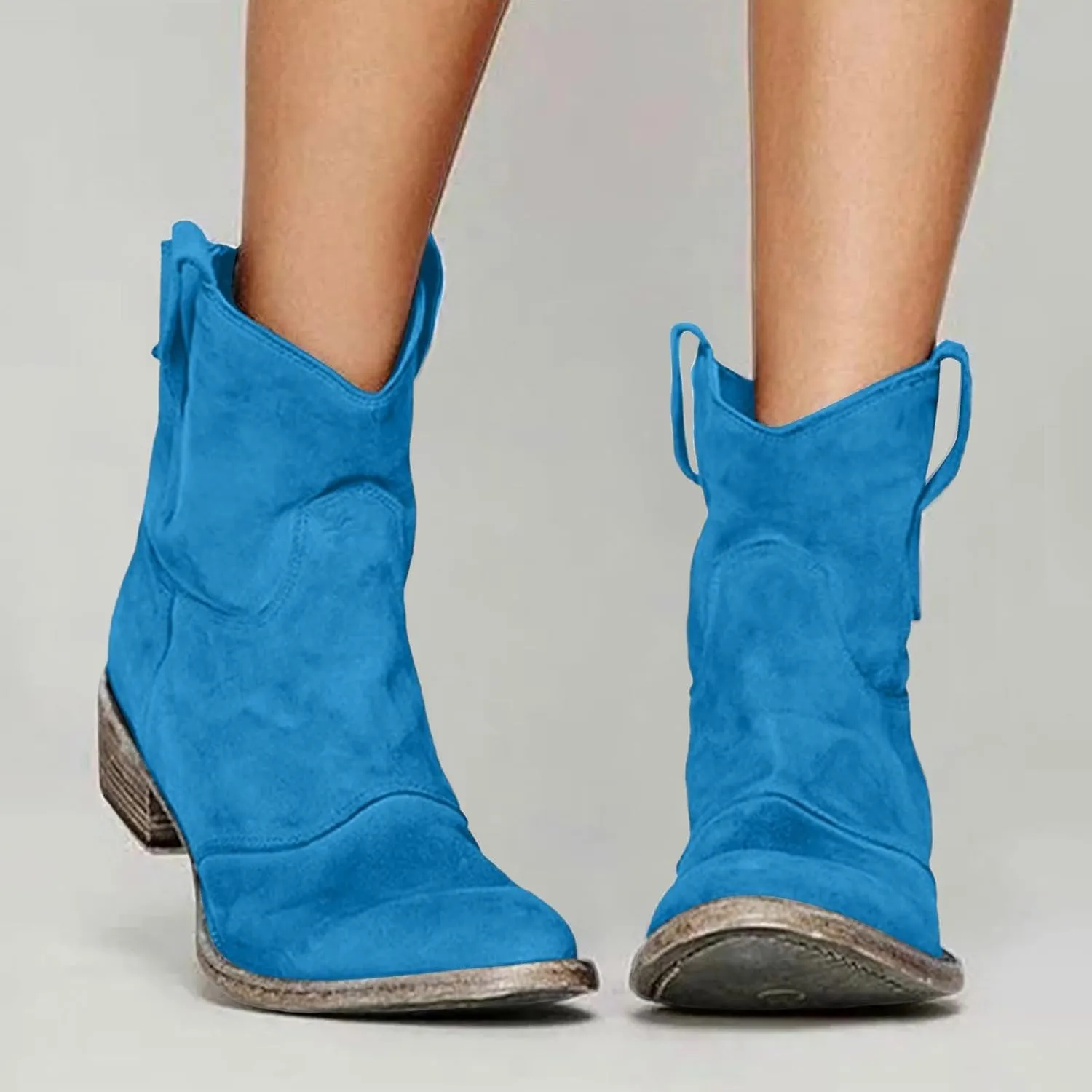 Cathalem Women's Western Cowboy Ankle Boots Low Heel Mid Calf Cowgirl Boots Slip On Round Toe Chunky Heel Retro Classic Boots
