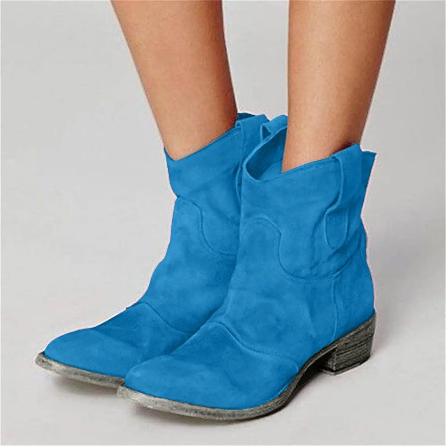 Cathalem Women's Western Cowboy Ankle Boots Low Heel Mid Calf Cowgirl Boots Slip On Round Toe Chunky Heel Retro Classic Boots