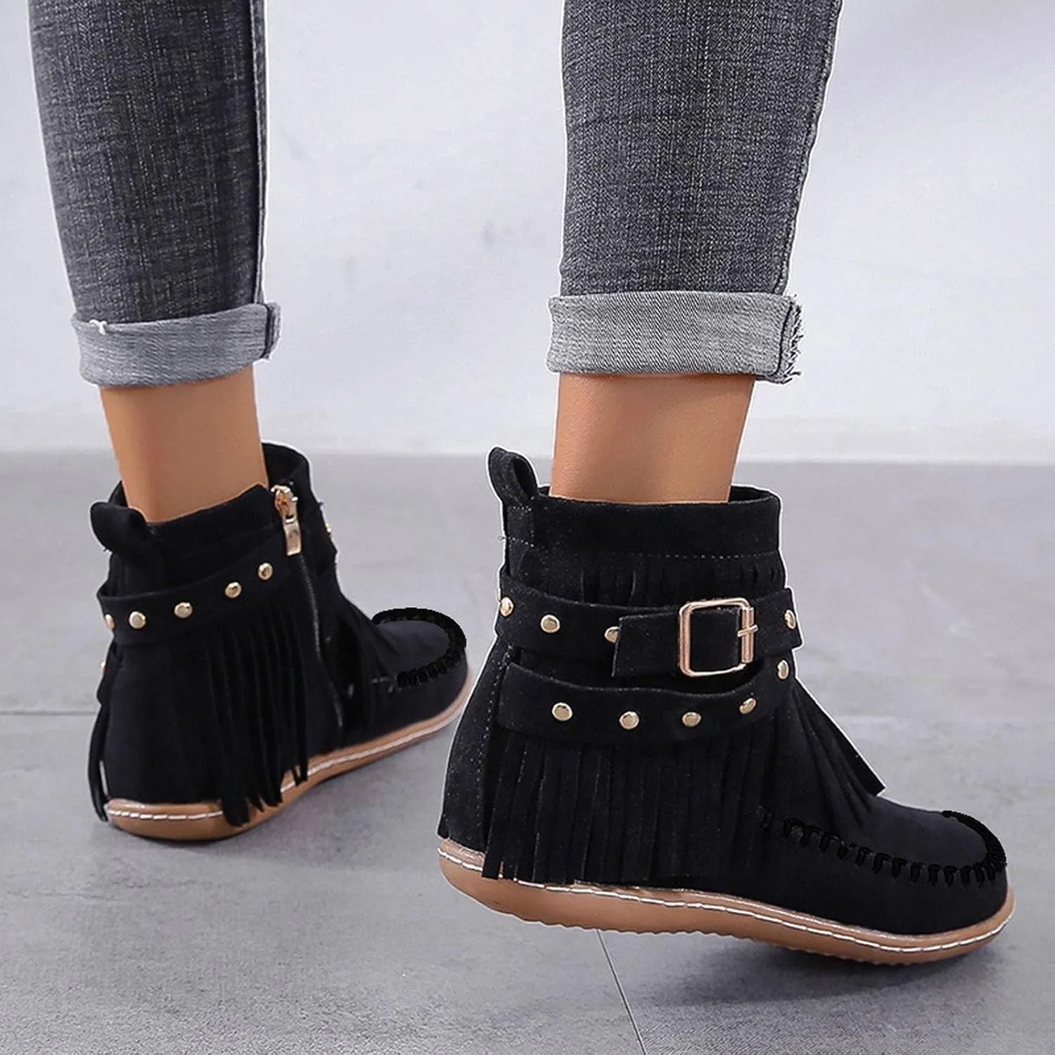 Cathalem Women's Western Cowboy Boots, Fringe Faux Suede Boots Retro Round Toe Fringe Buckle Strap Ankle Boot Rome Flat Shoes