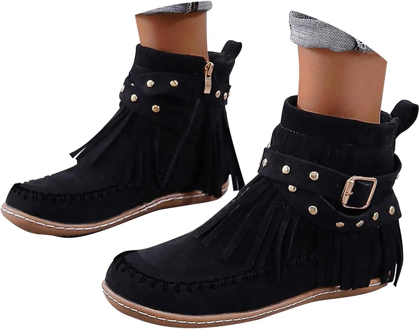 Cathalem Women's Western Cowboy Boots, Fringe Faux Suede Boots Retro Round Toe Fringe Buckle Strap Ankle Boot Rome Flat Shoes