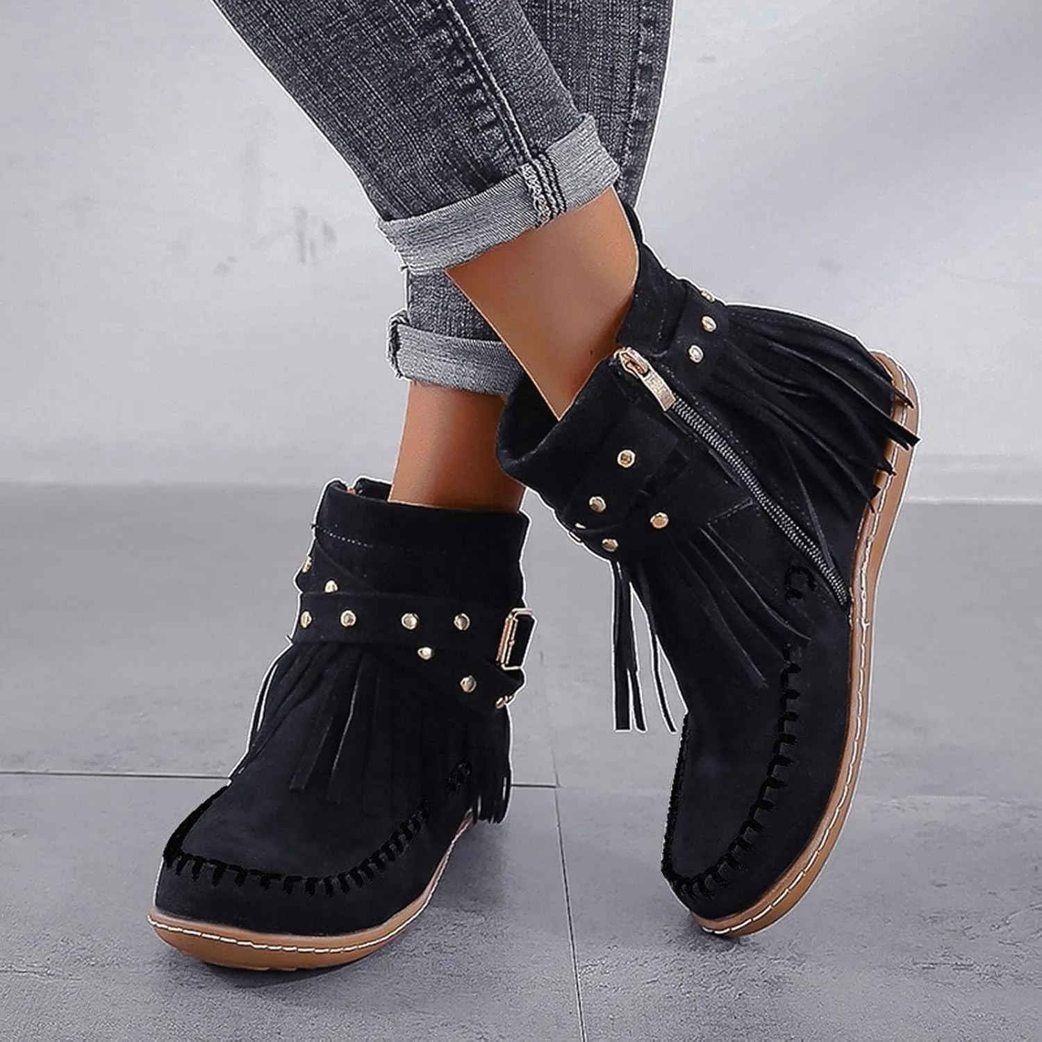 Cathalem Women's Western Cowboy Boots, Fringe Faux Suede Boots Retro Round Toe Fringe Buckle Strap Ankle Boot Rome Flat Shoes